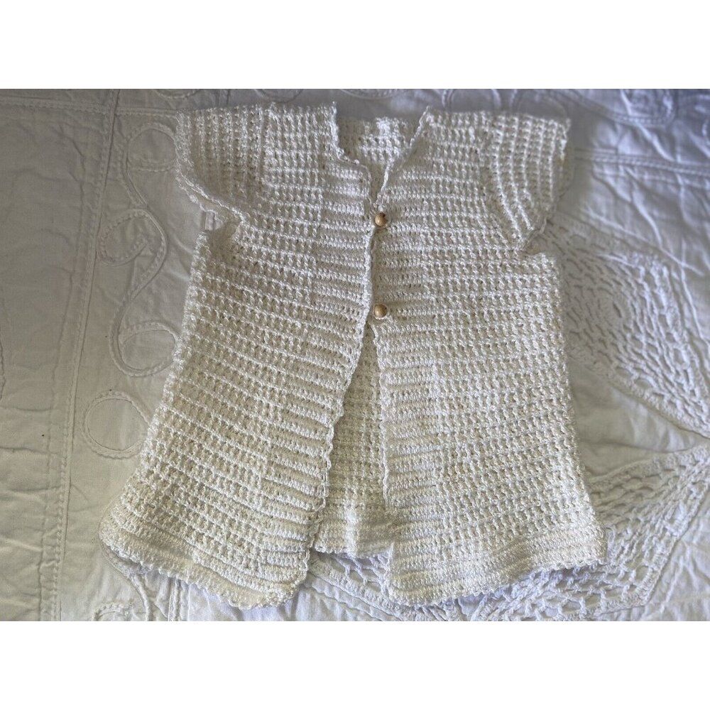Vintage Hand Crochet‎ Baby Cardigan Sweater Dress Cream Colored Newborn-3 Months